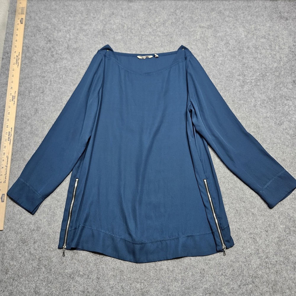 Soft Surroundings Large Zip Side Teal Blue‎ Blouse  Sleeve Crepe Stretch Top